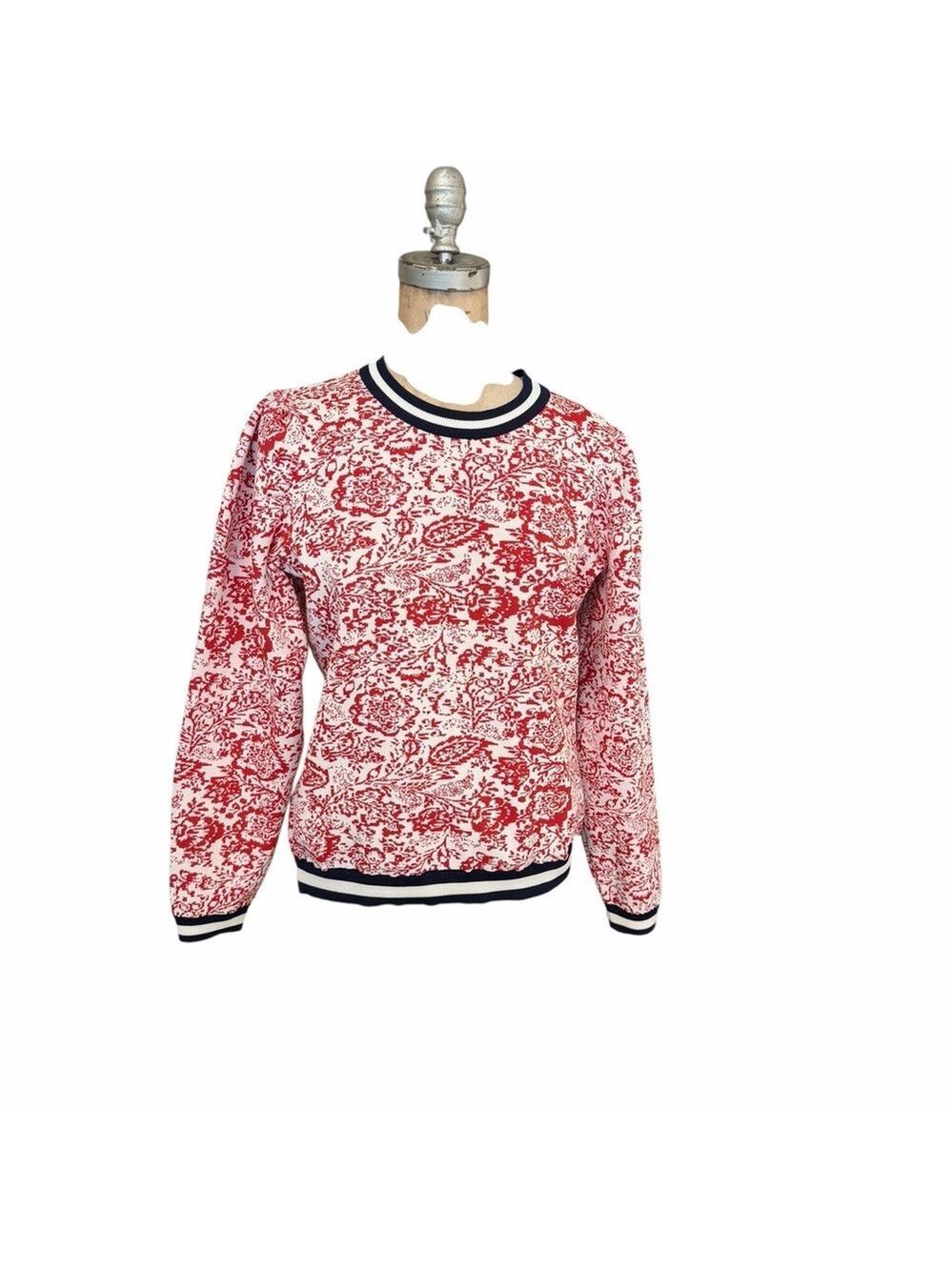 Savida Red and Cream Floral Puff Sleeve Knit Sweater Size M New NWOT Preppy